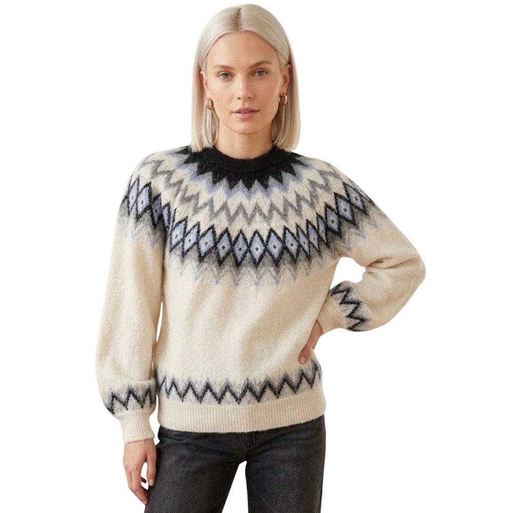 Vero Moda Visti Fair Isle Alpaca Wool‎ Blend Sweater Cream Blue XL NEW